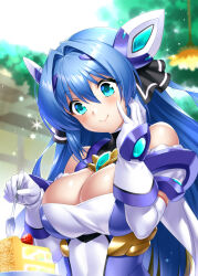 1girl :t aqua_eyes bare_shoulders blue_hair blurry blurry_background blush breasts cake cake_slice cleavage closed_mouth commentary_request commission day eating exs-tia eyelashes eyes_visible_through_hair food fork gloves hair_between_eyes hair_intakes hand_on_own_cheek hand_on_own_face hand_up happy highres holding holding_fork katsuragi_marina kouyoku_senki_exs-tia large_breasts lips long_hair looking_at_food looking_down outdoors second-party_source shiny_skin skeb_commission smile snowflakes solo two_side_up upper_body very_long_hair white_gloves zen_(kamuro)