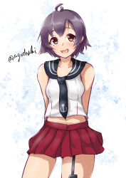 1girl absurdres agodashi ahoge black_neckerchief black_sailor_collar brown_eyes commentary cowboy_shot garter_straps grey_hair highres kantai_collection neckerchief one-hour_drawing_challenge open_mouth pleated_skirt red_skirt sailor_collar sailor_shirt sakawa_(kancolle) shirt short_hair single_garter_strap skirt sleeveless sleeveless_shirt smile solo twitter_username wavy_mouth white_shirt