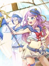 Rule 34 | 1boy, 1girl, anastasia hoshin, blue eyes, blue hair, breasts, flag, hag, hair ornament, highres, jewelry, julius juukulius, long hair, navel, pendant, purple hair, re:zero kara hajimeru isekai seikatsu, sailor, sailor bikini, sailor collar, sailor suit, salute, ship, small breasts, star (symbol), star hair ornament, very long hair, watercraft, yellow eyes