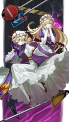 1girl absurdres blonde_hair breasts dress dual_persona elbow_gloves frilled_dress frills gap_(touhou) gloves hand_fan hat high_heels highres holding holding_fan looking_at_viewer mob_cap puffy_short_sleeves puffy_sleeves purple_dress purple_eyes purple_tabard red_shoes road_sign shoes short_sleeves sign smile socks solo tabard touhou white_dress white_gloves white_hat white_socks wide_sleeves yakumo_yukari yinian