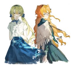 2girls :o absurdres arms_behind_back blonde_hair blue_dress blue_neckerchief blue_skirt capelet checkered_ribbon closed_mouth cowboy_shot danzhi_lingjia dress facing_viewer from_side glasses gloves green_eyes hair_between_eyes hands_up highres jewelry long_hair long_sleeves looking_to_the_side low_twintails multiple_girls neckerchief necklace official_alternate_costume open_mouth orange_hair own_hands_together pearl_necklace reverse:1999 round_eyewear shirt shirt_tucked_in short_sleeves skirt sonetto_(emotion_in_tranquility)_(reverse:1999) sonetto_(reverse:1999) sotheby twintails two_side_up very_long_hair white_background white_capelet white_gloves white_shirt