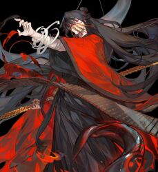 1boy bandaged_arm bandages black_background closed_mouth cowboy_shot hayamafair highres holding long_hair looking_at_viewer male_focus original red_eyes solo topknot very_long_hair