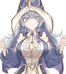 Rule 34 | 1girl, bare shoulders, blue dress, blue eyes, blue hat, blush, breasts, character request, cleavage, dress, duel monster, hat, highres, irutann, long hair, looking at viewer, simple background, solo, upper body, white background, yu-gi-oh!