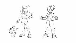 Rule 34 | 1boy, 1girl, bandana, beanie, bike shorts, brendan (pokemon), clenched hand, clenched hands, closed mouth, concept art, facing viewer, fanny pack, from side, gloves, greyscale, hat, jacket, long bangs, looking at viewer, may (pokemon), monochrome, nintendo, official art, pants, pokemon, pokemon rse, short sleeves, shorts, skirt, smile, sugimori ken