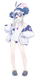 1girl absurdres antenna_hair bare_legs bare_shoulders blue_archive blue_hair blush breasts collarbone covered_navel crocs double_bun food fubuki_(blue_archive) fubuki_(swimsuit)_(blue_archive) full_body hair_bun halo highres holding holding_food jacket long_sleeves looking_to_the_side multicolored_hair off_shoulder one-piece_swimsuit open_clothes open_jacket pink_eyes pink_halo popsicle red_eyes school_swimsuit sidelocks simple_background small_breasts solo sseng_00 standing swimsuit transparent_background two-tone_hair visor_cap whistle whistle_around_neck white_background white_jacket white_one-piece_swimsuit