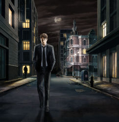 1boy absurdres brown_hair cing city formal_clothes highres kyle_hyde last_window male_focus moon necktie night night_sky official_art outdoors postbox short_hair sky suit
