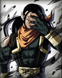 Rule 34 | absurdres, bandana, black hair, blue eyes, dragon ball, dragon ball gt, earrings, gloves, grin, highres, jewelry, long hair, looking at viewer, male focus, muscular, muscular male, noir illust, open mouth, orange bandana, pants, red ribbon army, smile, super android 17, teeth