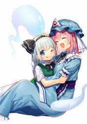 2girls :d ;q ^_^ arm_garter black_bow black_bowtie black_hairband black_ribbon blue_eyes blue_hat blue_kimono bow bowtie closed_eyes collared_shirt commentary_request green_skirt green_vest grey_hair hair_ribbon hairband hat headpat japanese_clothes kapuchii kimono konpaku_youmu konpaku_youmu_(ghost) long_sleeves looking_at_viewer mob_cap multiple_girls neck_ribbon one_eye_closed open_mouth pink_hair ribbon ribbon-trimmed_collar ribbon_trim saigyouji_yuyuko shirt short_hair short_sleeves simple_background skirt smile tongue tongue_out touhou triangular_headpiece veil vest white_background white_shirt white_veil