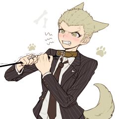 Rule 34 | 1boy, anger vein, animal ears, blonde hair, casssstle12, clenched teeth, collar, crew cut, danganronpa (series), danganronpa 2: goodbye despair, dog ears, dog tail, fang, formal clothes, freckles, frown, highres, jewelry, kemonomimi mode, kuzuryu fuyuhiko, lapel pin, lapels, leash, male focus, mole, mole under mouth, necktie, pants, pinstripe jacket, pinstripe pants, pinstripe pattern, pinstripe suit, ring, simple background, solo, suit, tail, teeth, white background, yellow eyes