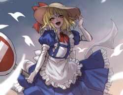 Rule 34 | 1girl, absurdres, apron, back bow, blonde hair, blue shirt, blue skirt, bow, elbow gloves, frilled skirt, frills, gloves, hand on headwear, hat, hat bow, highres, holding, holding sign, kana anaberal, kuya (hey36253625), maid apron, medium hair, no entry sign, puffy short sleeves, puffy sleeves, red bow, road sign, shirt, short sleeves, sign, skirt, solo, strap, sun hat, touhou, touhou (pc-98), waist bow, white bow, white gloves, yellow eyes