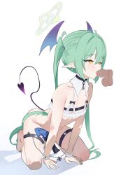 1boy 1girl absurdres all_fours argusrho_01 blue_archive bound bound_wrists demon_girl demon_tail demon_wings disembodied_penis earrings fellatio full_body green_hair green_halo gun halo handgun head_wings hetero highres jewelry long_hair navel nozomi_(blue_archive) oral penis pointy_ears simple_background solo_focus tail testicles thigh_strap tongue tongue_out twintails uncensored very_long_hair weapon white_background wings yellow_eyes