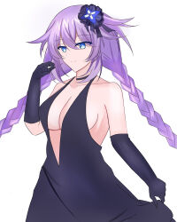 Rule 34 | 1girl, blue eyes, braid, breasts, cleavage, gloves, hair between eyes, hair ornament, highres, jewelry, long hair, medium breasts, neptune (series), power symbol, power symbol-shaped pupils, purple hair, purple heart (neptunia), ring, simple background, smile, solo, symbol-shaped pupils, twin braids, very long hair, white background, withthecyanaki