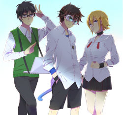 1girl 2boys black_hair blonde_hair blue_eyes brown_eyes candy choker clenched_hand computer fujisaki_yuusuke glasses goggles karuha laptop lollipop looking_at_viewer multiple_boys onizuka_hime pleated_skirt school_uniform short_hair shorts sket_dance skirt usui_kazuyoshi v wristband