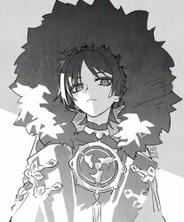 1boy aiguillette apollo_hotori blunt_ends closed_mouth coat covered_collarbone dated expressionless eyeliner eyeshadow fatui_coat fur_hood genshin_impact greyscale hood hood_up jewelry lapels looking_at_viewer makeup male_focus mandarin_collar mitsudomoe_(shape) monochrome neck_ring open_clothes open_coat scaramouche_(genshin_impact) solo tomoe_(symbol) tsurime upper_body