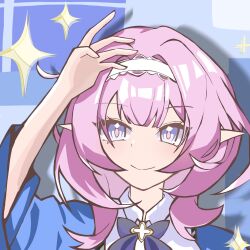 1girl blue_background blue_eyes blue_scarf chinese_commentary colorful_background commentary_request elf elysia_(honkai_impact) hairband highres honkai_(series) honkai_impact_3rd long_hair pink_hair pointy_ears scarf shirt smile solo star_(symbol) upper_body white_hairband white_shirt zhikepite