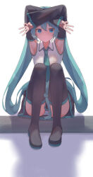 aqua_eyes aqua_hair aqua_necktie armpits arms_up black_skirt black_thighhighs blush cat_shadow_puppet_(meme) detached_sleeves hatsune_miku highres long_hair long_sleeves looking_at_viewer meme miniskirt necktie open_mouth panties shadow shirt skirt sleeveless sleeveless_shirt soyose striped_clothes striped_panties thighhighs twintails underwear very_long_hair vocaloid white_shirt wide_sleeves