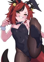 Rule 34 | 1girl, absurdres, animal ear hairband, animal ears, bell, black bow, black bowtie, black hair, black leotard, black pantyhose, black shoes, bow, bowtie, breasts, character request, covered navel, cowboy shot, detached collar, fake animal ears, grin, hair bell, hair ornament, hairband, high heels, highres, jingle bell, leotard, mekato, multicolored hair, pantyhose, playboy bunny, polygon project, rabbit ears, red hair, shoes, small breasts, smile, solo, stomping, strapless, strapless leotard, two-tone hair, virtual youtuber, wrist cuffs