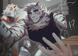 !? 1other 3boys absurdres animal_ears arknights black_hair black_tank_top cat_nose claws closed_mouth colored_tips commentary commission daru808080 english_commentary furry furry_male highres hood hooded_jacket horns hung_(arknights) hyena_boy hyena_ears jacket komainu_boy komainu_ears looking_at_viewer looking_to_the_side mountain_(arknights) multicolored_hair multiple_boys pants single_horn smile spot_(arknights) tank_top tiger tiger_boy tiger_ears tiger_stripes watermark white_fur white_hair white_pants white_tiger