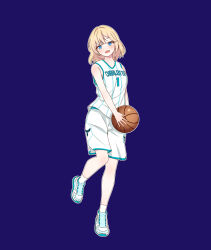 1girl ball basketball_(object) basketball_jersey basketball_uniform blonde_hair blue_eyes blue_shoes breasts charlotte_hornets commentary english_commentary full_body highres holding holding_ball hololive hololive_english medium_breasts medium_hair national_basketball_association shirt shoes shorts smile sneakers snkagawa solo sportswear striped_clothes striped_shirt virtual_youtuber watson_amelia white_shorts
