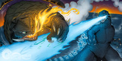 atomic_breath blue_electricity christian_gonzales claws crossover daiei_film dinosaur dusk elbow_blade electricity energy energy_beam exhaust fire flying gamera gamera_(series) gamera_2:_advent_of_legion glowing glowing_mouth glowing_spikes godzilla godzilla_(series) godzilla_vs._spacegodzilla green_eyes highres no_humans ocean open_mouth orange_eyes plasma plasma_beam sea_monster sharp_teeth smoke spikes sunset tail teeth toho tongue turtle tusks water