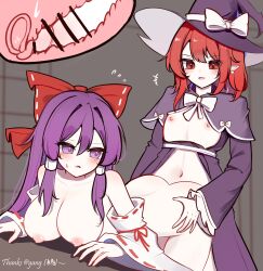 2girls absurdres bar_censor blush breasts breasts_out censored commentary_request cross-section detached_sleeves dress earrings flat_chest futanari hair_ribbon hair_tubes hakurei_reimu hakurei_reimu_(pc-98) hand_on_another&#039;s_waist hat hat_ribbon highres jewelry kirisame_marisa kirisame_marisa_(pc-98) large_breasts long_hair long_sleeves multiple_girls navel nipples open_mouth ovum penis pointy_ears purple_dress purple_eyes purple_hair red_eyes red_hair red_ribbon ribbon sex sex_from_behind shen_bi_ren_(user_rjgy2824) short_hair touhou touhou_(pc-98) vaginal white_ribbon wide_sleeves witch_hat