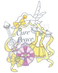 bow bowtie brooch character_name clothes_only coattails compact_(cosmetics) cosmetics cure_peace feather_sleeves frilled_skirt frills hair_ornament highres jewelry layered_sleeves magical_girl mimimi96333 miniskirt no_humans pleated_skirt precure puffy_short_sleeves puffy_sleeves ribbon shirt short_sleeves simple_background skirt skirt_set smile_pact smile_precure! star_(symbol) tiara twitter_username unicorn wand watermark white_background white_sleeves wing_hair_ornament yellow_bow yellow_bowtie yellow_ribbon yellow_shirt yellow_skirt