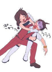 1boy 1girl ace_attorney antenna_hair apollo_justice apollo_justice:_ace_attorney aqua_necktie belt black_dress blush boots bracelet brown_belt brown_hair closed_eyes dress earrings forked_eyebrows full_body gloves gold_bracelet highres jewelry medium_hair nanase_(trfok1) necktie pants red_pants red_scarf red_vest scarf simple_background single_earring strapless strapless_dress sweat trucy_wright vest white_background white_boots white_gloves