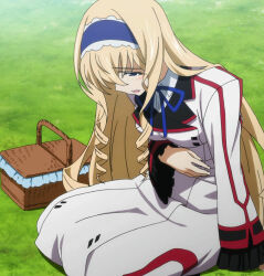 Rule 34 | 1girl, arm support, basket, blonde hair, blue eyes, breasts, cecilia alcott, drill hair, hairband, hand on own stomach, highres, infinite stratos, large breasts, legs, long hair, open mouth, school uniform, sitting, solo, stitched, thighs, third-party edit, tongue, very long hair, worried
