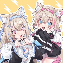 Rule 34 | 2girls, absurdres, animal ear fluff, animal ears, black coat, black jacket, blonde hair, blue eyes, blue hair, blue hairband, breasts, coat, cropped jacket, dog ears, dog girl, dog tail, dress, fuwawa abyssgard, fuwawa abyssgard (1st costume), hairband, heart, heart hands, highres, himey, hololive, hololive english, jacket, large breasts, lightning bolt symbol, long hair, mococo abyssgard, mococo abyssgard (1st costume), multicolored hair, multiple girls, navel, open clothes, open coat, open jacket, open mouth, pink eyes, pink hair, pink hairband, shirt, short hair, siblings, simple background, sisters, small breasts, smile, streaked hair, tail, teeth, twins, two-tone hair, two side up, upper body, upper teeth only, virtual youtuber, white dress, white shirt, yellow background
