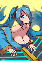 1girl akairiot bare_shoulders blue_eyes blue_hair breasts cleavage closed_mouth commentary dress english_commentary floating_hair hair_over_one_eye highres instrument large_breasts league_of_legends long_hair off-shoulder_dress off_shoulder smile solo sona_(league_of_legends) twintails very_long_hair yellow_background