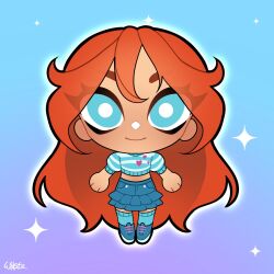 1girl absurdly_long_hair bloom_(winx_club) blue_background blue_eyes blue_shoes blue_skirt blue_sweater blue_theme bright_pupils buttons chibi closed_mouth commentary cropped_sweater denim denim_skirt eyelashes eyes_visible_through_hair frilled_skirt frills gradient_background happy hashtag-only_commentary heart heart_print highres light_blush long_hair midriff miniskirt orange_hair outline puffy_short_sleeves puffy_sleeves purple_background shoes short_sleeves signature skirt smile sneakers solo sparkle straight-on sweater two-tone_sweater very_long_hair white_outline white_pupils white_sweater wikate winx_club