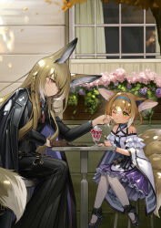 2girls absurdres animal_ears arknights black_jacket blonde_hair blue_hairband braid braided_hair_rings closed_mouth commentary dress earpiece flan_ling food fox_ears fox_girl fox_tail fruit green_eyes hair_rings hairband highres ice_cream jacket long_hair long_sleeves mother_and_daughter multiple_girls one_eye_closed orange_eyes pantyhose purple_dress short_hair sitting strawberry sundae suzuran_(arknights) tail twin_braids vulpisfoglia_(arknights) white_pantyhose