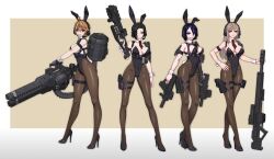 4girls absurdres ahoge ammunition_belt animal_ears anti-materiel_rifle arm_at_side arms_at_sides assault_rifle black_hair black_necktie blonde_hair blue_hair breasts chest_harness covered_navel crossed_legs detached_collar drum_magazine dual_wielding explosive fake_animal_ears fake_tail finger_on_trigger fingerless_gloves full_body gloves grenade grin gun hair_over_one_eye hand_on_own_hip harness headset high_heels highleg highleg_leotard highres holding holding_gun holding_weapon holster large_breasts leotard long_hair looking_at_viewer machine_gun magazine_(weapon) medium_breasts mole mole_under_eye multiple_girls necktie orange_hair original pantyhose playboy_bunny prosthesis prosthetic_arm purple_eyes rabbit_ears rabbit_tail red_eyes rifle science_fiction sharp_teeth short_hair smile sniper_rifle standing strapless strapless_leotard submachine_gun tactical_playboy_bunny tail tanke_laide teeth thigh_holster trigger_discipline very_short_hair watson_cross weapon wrist_cuffs