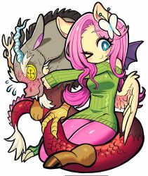 1girl animal_ears aqua_eyes blush breasts bright_pupils butterfly_hair_ornament character_doll colored_skin commentary discord_(my_little_pony) doll eyelashes fluttershy green_sweater hair_ornament hashtag-only_commentary highres horse_ears horse_girl kakke666 leggings long_hair looking_at_viewer medium_breasts my_little_pony my_little_pony:_friendship_is_magic one_eye_closed personification pink_hair pink_leggings sentient_stuffed_toy simple_background sitting smile sweater tail white_background white_pupils wings yellow_skin
