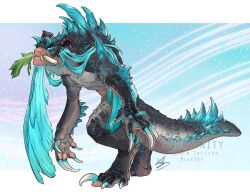 blue_background blue_hair commentary deathclaw endivinity english_commentary fallout full_body glowing glowing_eyes hatsune_miku long_hair monster mouth_hold no_humans spring_onion vocaloid worldwide_miku