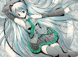 1girl aqua_hair armpits bad_id bad_pixiv_id belt black_thighhighs blue_eyes detached_sleeves dress female_focus hatsune_miku highres long_hair moonsorrow necktie ribbon skirt solo thighhighs twintails vocaloid