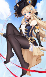 1girl bare_shoulders black_hat black_pantyhose blonde_hair blue_eyes blue_gemstone bow breasts cleavage cloud cloudy_sky detached_sleeves dress drill_hair drill_sidelocks floating flower full_body gem genshin_impact gold_trim hat hat_flower highres lml long_hair looking_at_viewer navia_(genshin_impact) open_mouth pantyhose red_ribbon ribbon ship&#039;s_wheel_ornament sidelocks sky smile solo strapless strapless_dress toes very_long_hair