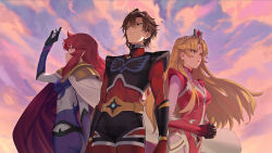 Rule 34 | 1boy, 2girls, armor, artist request, blonde hair, blue eyes, bodysuit, brown hair, duke fleed, gloves, grendizer u, hair ornament, long hair, makeup, mazinger (series), multiple girls, official art, pilot suit, red bodysuit, red hair, rubina beryl vega, short hair, shoulder armor, sideburns, skin tight, teronna aqua vega, ufo robo grendizer, yellow eyes