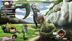 1boy 3girls animal_ears armor aurea_juniper bad_id bad_pixiv_id battle bianca_(pokemon) boned_meat capcom cat_ears character_name cheren_(pokemon) cooking cosplay crossover crown deer deerling deerling_(spring) deviljho felyne felyne_(cosplay) field fire food gen_5_pokemon giant gigalith great_ball grill hammer haxorus heads-up_display highres hilda_(pokemon) huge_weapon injury meat melynx monster monster_hunter_(series) monster_hunter_portable_3rd multiple_girls muscular nikawa_99-do nintendo open_mouth parody pitfall poke_ball poke_ball_theme pokemon pokemon_bw ponytail sitting sword throwing throwing_poke_ball trap uppercut upside-down user_interface water weapon
