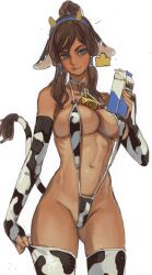 1girl animal_ears animal_print avatar_legends bare_shoulders bell bikini blue_eyes breasts brown_hair closed_mouth cow_ears cow_horns cow_print cow_print_bikini cow_print_gloves cow_print_thighhighs cow_tail cowbell dark-skinned_female dark_skin ear_tag elbow_gloves fingerless_gloves gloves hair_tubes high_ponytail highres holding holding_carton horns korra large_breasts milk mossacannibalis navel neck_bell o-ring o-ring_swimsuit ponytail print_bikini print_gloves print_thighhighs pulling_own_clothes simple_background slingshot_swimsuit smile solo swimsuit tail the_legend_of_korra thighhighs thighhighs_pull white_background