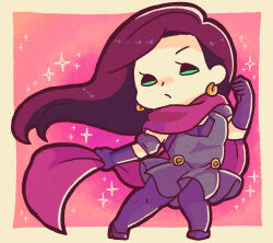 Rule 34 | 1girl, absurdres, battle tendency, black dress, brown hair, chibi, commentary, commentary request, dress, earrings, elbow gloves, full body, gloves, green eyes, highres, jewelry, jojo no kimyou na bouken, lisa lisa, long hair, m a a m 8, pantyhose, purple gloves, red scarf, scarf, solo, sparkle