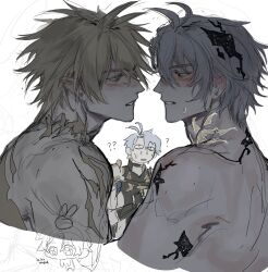 3boys ? absurdres alternate_form antenna_hair blonde_hair blush commentary english_commentary grey_hair highres honkai:_star_rail honkai_(series) kannbergri looking_at_another male_focus multiple_boys multiple_persona neck_tattoo parted_lips phainon_(honkai:_star_rail) selfcest short_hair simple_background sketch sweatdrop tattoo teeth topless_male upper_body white_background yaoi