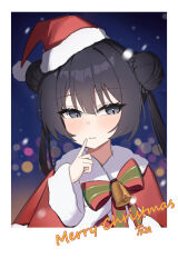 1girl absurdres bell black_hair blue_archive blurry blush bokeh bow braid closed_mouth commentary_request depth_of_field double_bun fur-trimmed_headwear fur-trimmed_sleeves fur_trim grey_eyes hair_bun hat highres hui_yu_yu_yu_ye jacket kisaki_(blue_archive) light_smile long_hair long_sleeves merry_christmas red_hat red_jacket santa_costume santa_hat snowing solo striped_bow twintails upper_body