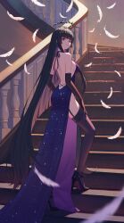 Rule 34 | 1girl, absurdres, arknights, backless dress, backless outfit, bare back, bare shoulders, black dress, black eyes, black gloves, black hair, black halo, black thighhighs, blunt bangs, broken halo, closed mouth, dark halo, dhsl, dress, elbow gloves, evening gown, feathers, from behind, garter straps, gloves, halo, highres, light smile, long hair, looking at viewer, looking back, mole, mole under eye, sidelocks, solo, stairs, thighhighs, very long hair, virtuosa (arknights)