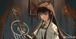 1girl arknights artist_name ascot belt belt_buckle black_ascot black_bustier black_gloves black_halo blunt_bangs blurry blurry_background breasts broken_halo brown_hair buckle bustier buttons cello chinese_commentary chinese_text closed_mouth collared_jacket commentary_request curtains dark_halo depth_of_field elbow_gloves from_side gloves grey_eyes halo hand_up highres hime_cut holding holding_instrument holding_violin indoors instrument jacket layered_sleeves light_smile long_hair long_sleeves looking_at_viewer looking_to_the_side medium_breasts painting_(object) picture_frame red_curtains shade shadow short_over_long_sleeves short-sleeved_jacket short_sleeves sidelocks sinsin solo standing straight_hair torch upper_body very_long_hair violin virtuosa_(arknights) wall watermark weibo_watermark weibo_watermark white_belt white_jacket wide_sleeves wing_collar
