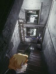 Rule 34 | 2boys, abandoned, arms behind back, atmospheric perspective, black hair, black shoes, black shorts, black vest, blonde hair, blue scarf, demian (project moon), dirty, floating scarf, full body, highres, ladder, lcb uniform (project moon), limbus company, looking at another, looking back, mirahseata, multiple boys, open mouth, partially colored, project moon, scarf, shirt, shoes, short hair, shorts, sinclair (project moon), stairs, stairwell, vest, white shirt, window light, yellow eyes