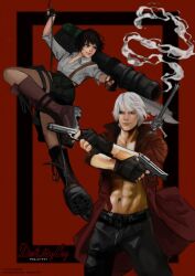1boy 1girl artist_name black_gloves black_hair boots coat commission copyright_name dante_(devil_may_cry) devil_may_cry devil_may_cry_(series) devil_may_cry_3 ebony_&amp;_ivory fingerless_gloves gloves gun highres holding holding_gun holding_rocket_launcher holding_weapon kalina_ann_(weapon) lady_(devil_may_cry) mikabriki no_shirt rebellion_(sword) red_background red_coat rocket_launcher shirt smile sword sword_on_back weapon weapon_on_back white_hair white_shirt