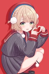 1girl absurdres blonde_hair blue_ribbon blunt_bangs blunt_ends braid four-finger_heart_hands green_eyes grey_skirt grey_sweater_vest hair_ornament heart heart_hands highres indie_virtual_youtuber long_sleeves looking_at_viewer mary_janes open_mouth pom_pom_(clothes) pom_pom_hair_ornament red_background red_socks ribbon shadow shigure_ui_(vtuber) shigure_ui_(vtuber)_(1st_costume) shirt shoes short_hair side_braids skirt slav_squatting socks solo squatting sweater_vest thippy virtual_youtuber white_shirt