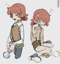 1girl anzai_miyako arm_between_legs bag bag_of_chips blue_footwear blue_pants blush boots breasts brown_shirt brown_shorts brown_sweater_vest carton coffee_milk collarbone collared_shirt commentary_request cropped_legs dated grey_background grey_eyes hair_ornament hairclip half-closed_eye highres holding holding_magnifying_glass idolmaster idolmaster_cinderella_girls imay3927 long_sleeves magnifying_glass multiple_views one_eye_closed open_mouth pants red_hair rubbing_eyes shirt shorts shorts_rolled_up shoulder_bag simple_background sitting squeans sleepy sleeve_cuffs three-quarter_sleeves small_breasts smile suspender_shorts suspenders sweater_vest wariza white_shirt