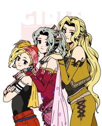 3girls ahtaso bare_shoulders blonde_hair cape celes_chere detached_sleeves dress earrings elbow_gloves final_fantasy final_fantasy_vi gloves green_hair hair_ribbon jewelry long_hair multiple_girls pants ponytail relm_arrowny ribbon sash short_hair smile strapless strapless_dress tina_branford tube_dress tube_top vest waist_sash yellow_cape yellow_pants yellow_vest
